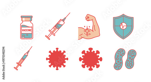 Medical vaccination and immune system icons set on a white background