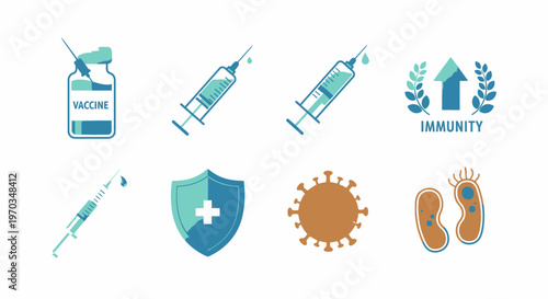 Medical vaccine and immunity icon set on white background for health concepts