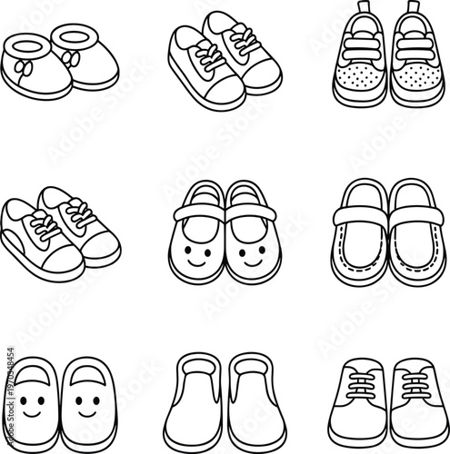 Set of nine simple of human faces with different hairstyles and expressions head portrait minimalist