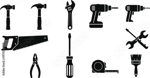 Hand Tools and Power Tools Icon Set with Hammers, Screwdrivers, Drills, Wrenches, Saws, Pliers, and Tape Measure for DIY, Home Improvement, and Construction Projects