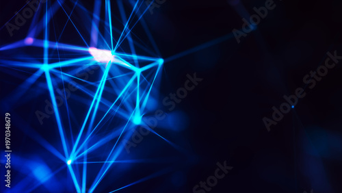 Abstract digital network of glowing nodes and connecting lines. Technological context. Network connection structure. Interweaving effect. Vector illustration