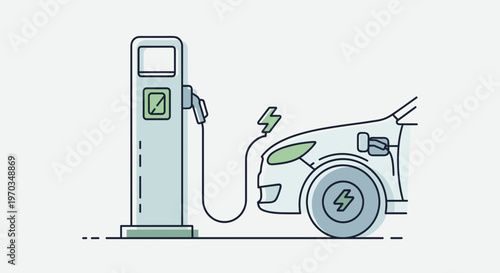 A minimalist line art illustration of an electric vehicle connected to a charging station with a green energy lightning bolt icon for sustainability blogs or eco-friendly tech articles.