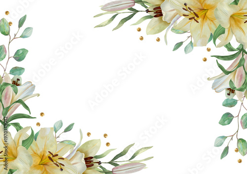 White lilies corner frame. Hand drawn watercolor illustration of delicate pastel flowers, isolated. Perfect for wedding invitations, birthday cards, Easter, baptism and funeral cards.