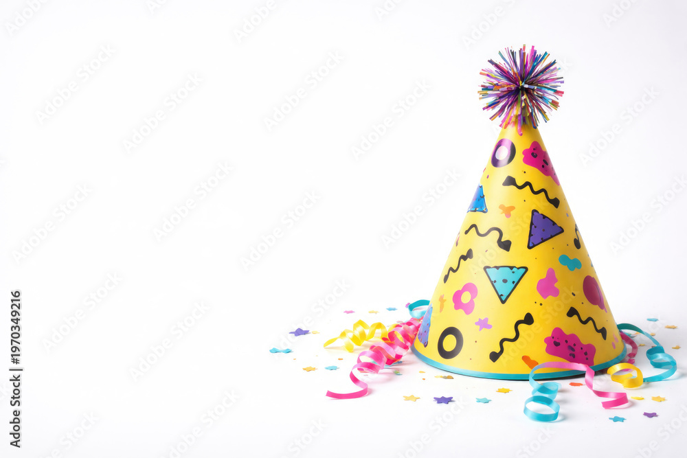 Obraz premium Festive hat with confetti and serpentine on a light background. Space for text.