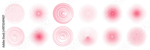 Set of radiate echo patterns. Red concentric circular and radial shockwave collection. Abstract vector round, ripple, signal elements.