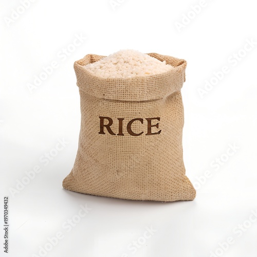 Sack of Rice Grains Bag Isolated on White Background Staple Food