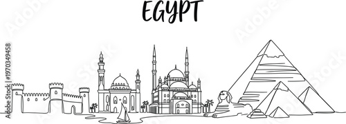 Continuous line drawing of Egypt skyline featuring Great Pyramids of Giza Sphinx and majestic mosques with desert landmarks