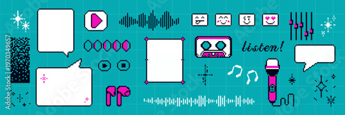 Set of pixel music stickers with emoji, Y2K and 8bit podcast elements. Includes speech bubbles, notes, microphone, headphone for social media and gaming.