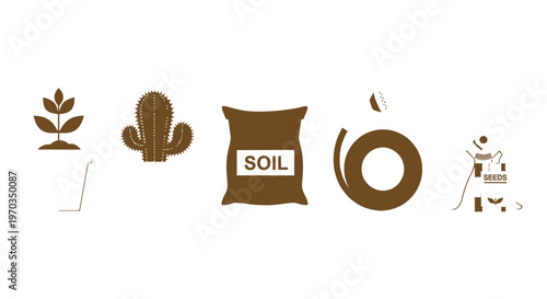 Gardening tools and plants icon set for horticultural concepts