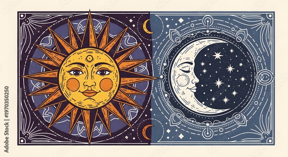 Obraz premium Vibrant celestial illustration showcasing the mystical balance between the radiant sun and serene crescent moon, symbolizing the cosmic duality of day and night