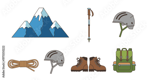 Mountain climbing equipment set illustration against white background