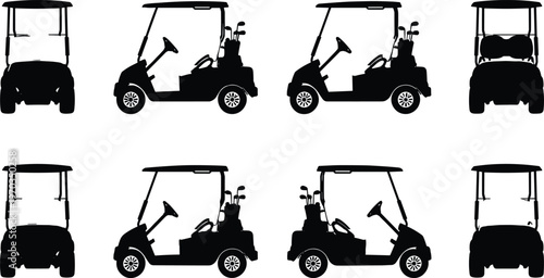 Golf cart silhouette set, different angles of golf buggy with clubs, transportation icons collection, sport vehicle illustration, black vector design isolated