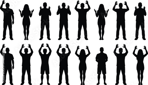 People silhouette set with raised hands, human figures collection in different poses, crowd gesture illustration, protest or celebration concept, black vector icons