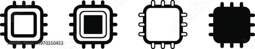 Four black microchip icons with varying internal fill patterns