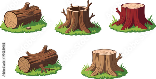 Tree stump and logs illustration set, cut wood trunks and forest stumps, nature elements collection, timber and deforestation concept, cartoon vector design