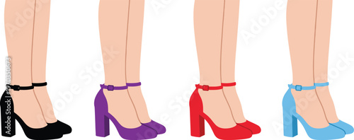 Women high heel shoes illustration set, ankle strap heels in different colors, female fashion footwear collection, elegant style concept, modern footwear vector design