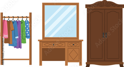 Bedroom furniture set with wardrobe, dressing table mirror and clothes rack, home interior storage and organization concept, wooden furniture vector illustration