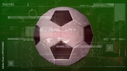 Animation of data processing on digital screen over soccer ball