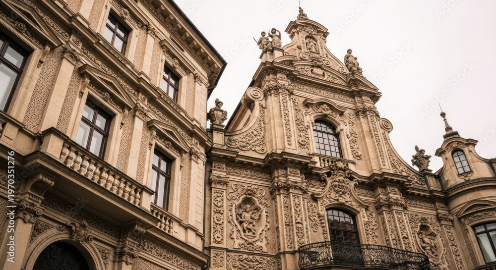 Obraz premium Baroque Facade of a Historic Building Under a Cloudy Sky.