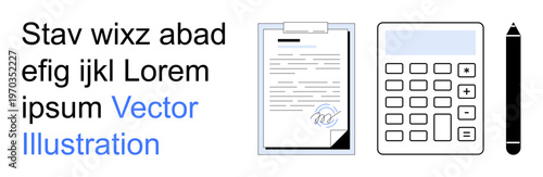 Financial management, office tasks, documentation, digital tools, calculations, business strategy. A signed paper, calculator and pen. Financial management and office tasks visualization