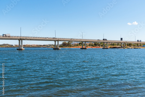 The Olbia flyover, a key road bridge crossing the city's inland sea, connecting the city center with suburban areas and the port in Olbia, Sardinia, Italy.
