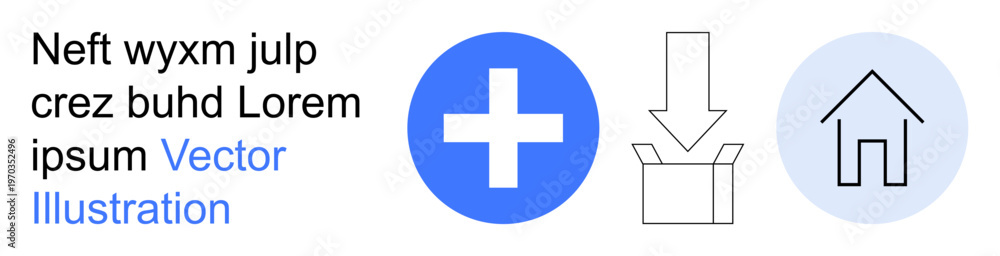 Fototapeta premium Healthcare, technology, delivery, home services, remote access, online platforms. Blue medical cross, arrow pointing into a box house outline. Healthcare and technology inspiration