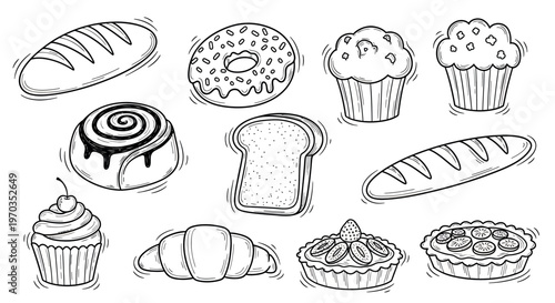 Bakery pastry doodle set with bread donut cupcake croissant and pie