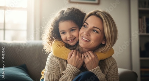 Happy mother and daughter embracing warmly at home feeling loved and connected.