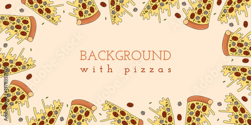 Background design featuring a central text space surrounded by hand-drawn pizza illustrations. Ideal for menus, restaurant branding, posters, packaging, and food-themed designs.