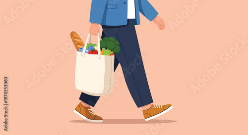 Shopping, Grocery, Person Walking, Eco-Friendly, Reusable Bag, Daily Life