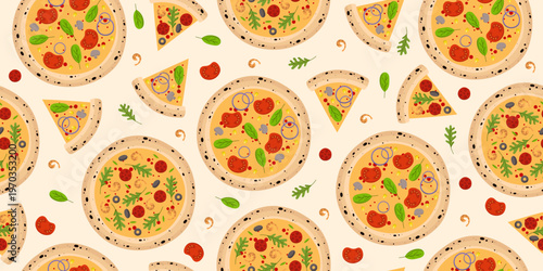 Seamless background pattern featuring colorful hand-drawn pizza illustrations. Perfect for menus, restaurant branding, packaging, textiles, and food-themed designs.