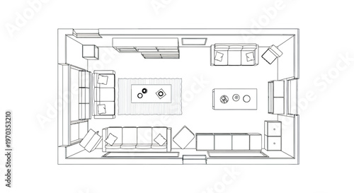 Living room furniture top view floor plan with sofa and coffee table layout