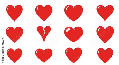 A collection of various red heart shapes, including whole and broken hearts, on a white background.