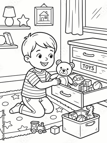 Coloring page boy playing with teddy bear and toys in bedroom