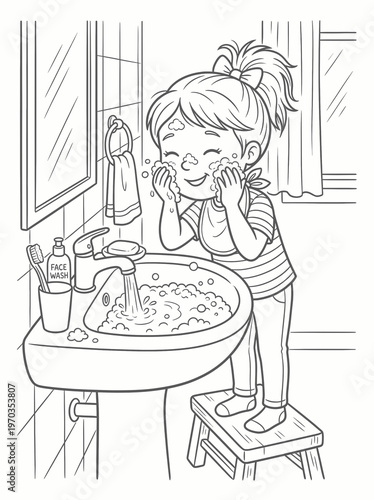 Coloring page of a girl washing her face with a stool, a happy little girl