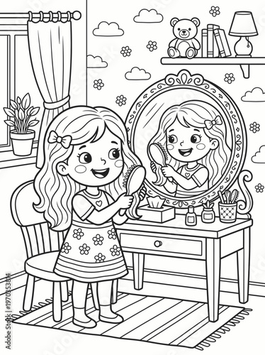 Coloring page of a girl brushing her hair with dressing table, personal care
