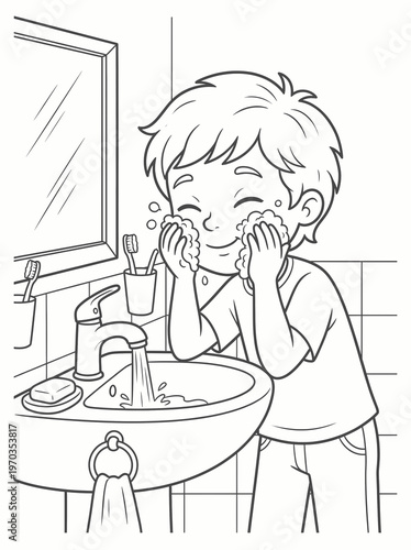 Coloring page of a young boy washing his face at the sink with a cheerful young