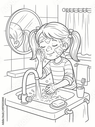 Coloring page of a girl washing her face with foamy bubbles, personal care