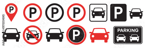 Parking and No Parking Map Icon Set, automobile parking zone and restriction symbols, parking lot pointers, traffic control signs, editable vector graphics, flat and stroke style