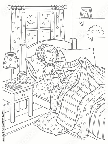 Coloring page girl with teddy bear getting into bed vector