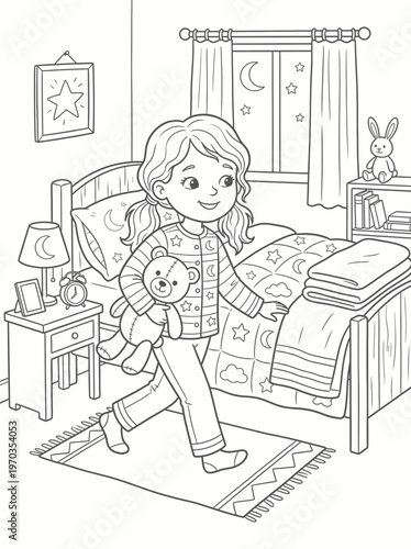 Coloring page girl with teddy bear going to bed vector
