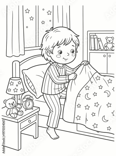 Coloring page boy getting into bed vector with vector illustration vector