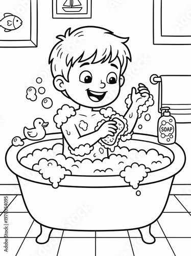Coloring page boy in bathtub with soap and rubber duck vector, bath time vector