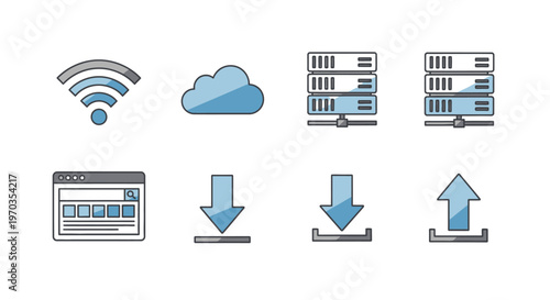 Network and data icons wireless cloud server browser download and upload
