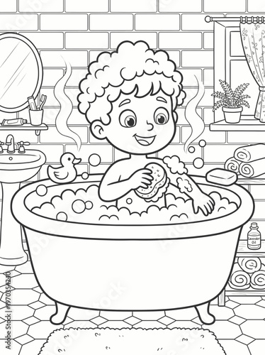 Coloring page boy taking a bubble bath with rubber duck vector, a vector