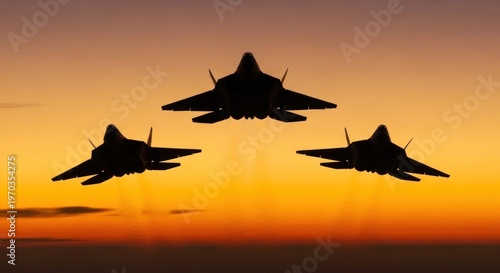 Three Fighter Jets Flying in Formation During a Dramatic Sunset Silhouette.