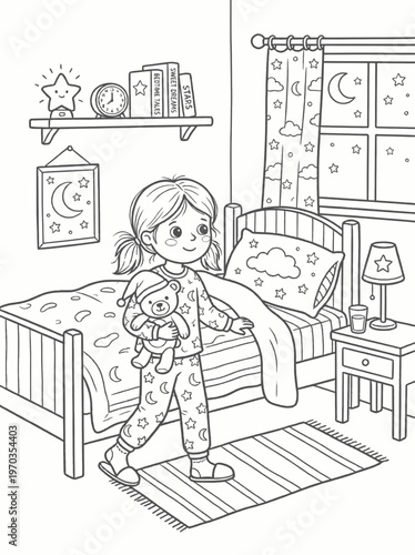 Coloring page girl in pajamas holding teddy bear getting ready for bed