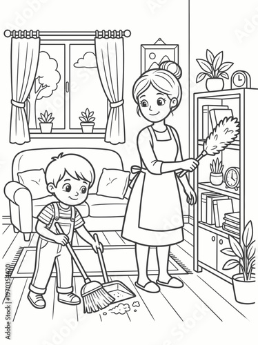 Coloring page of mother and son cleaning living room together with coloring book