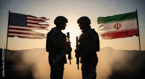 Two Soldiers Silhouetted Against American and Iranian Flags at Sunset.