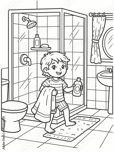 Coloring page of a happy boy holding shampoo and towel in bathroom with line art